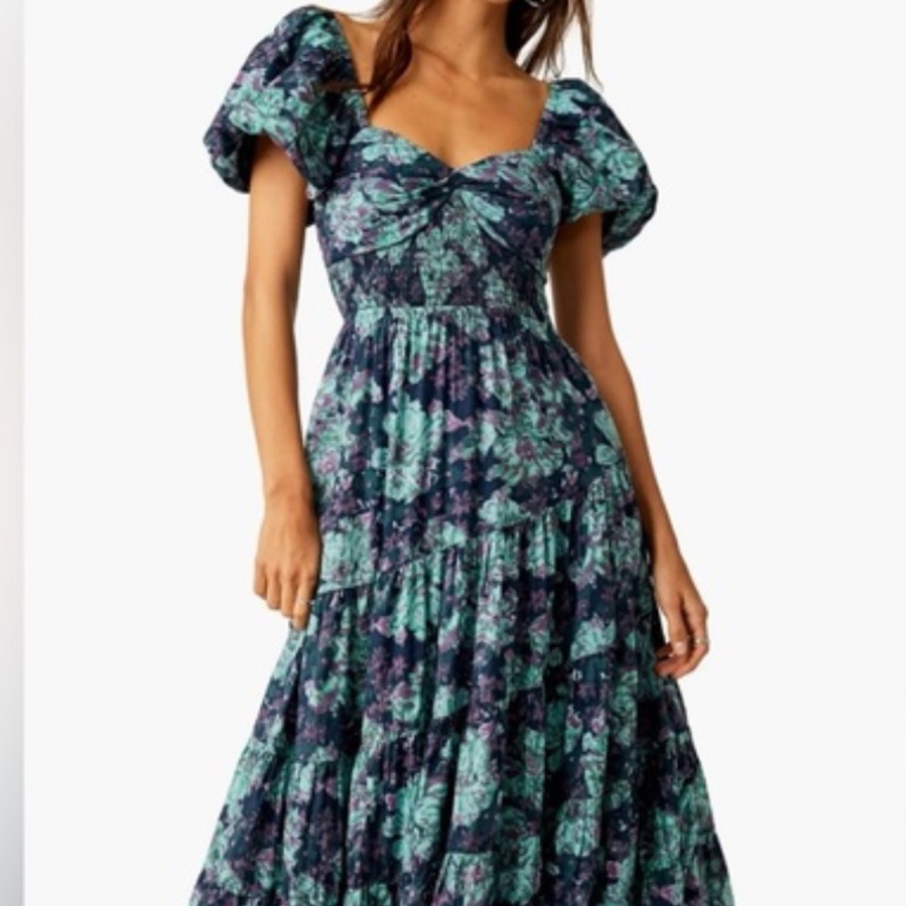 Free People Floral Blue and Green Maxi Dress Size Medium